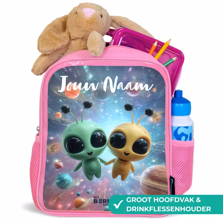 Vrolijke buitenaardse vrienden Kinderrugzak - Roze middel -inhoud_NL