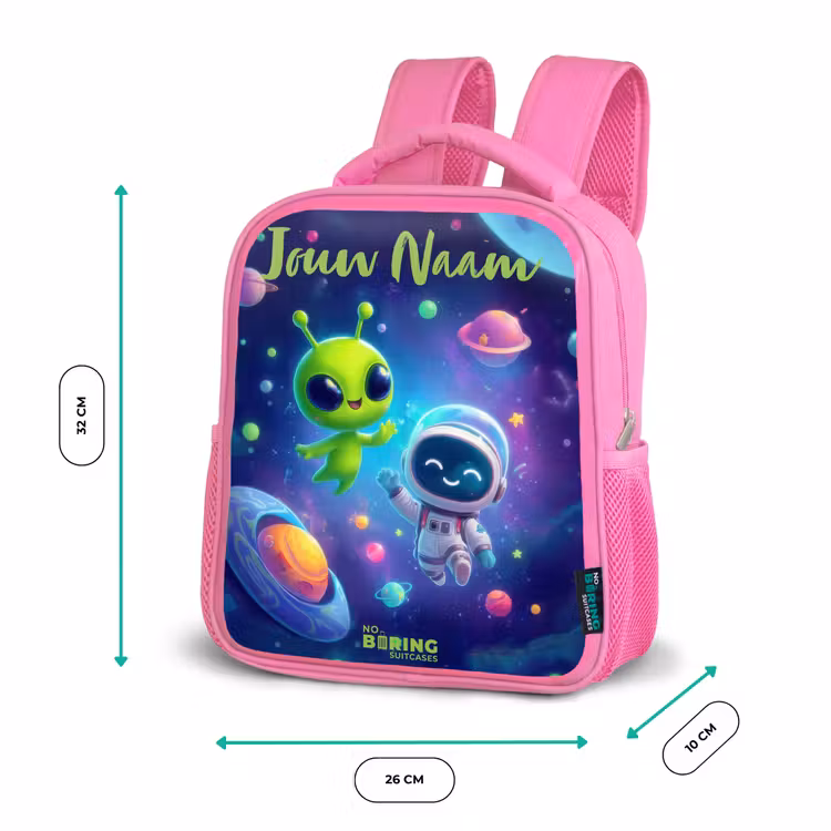 Vrolijke Ontmoeting in de Ruimte Kinderrugzak - Roze middel -productfoto_formaten