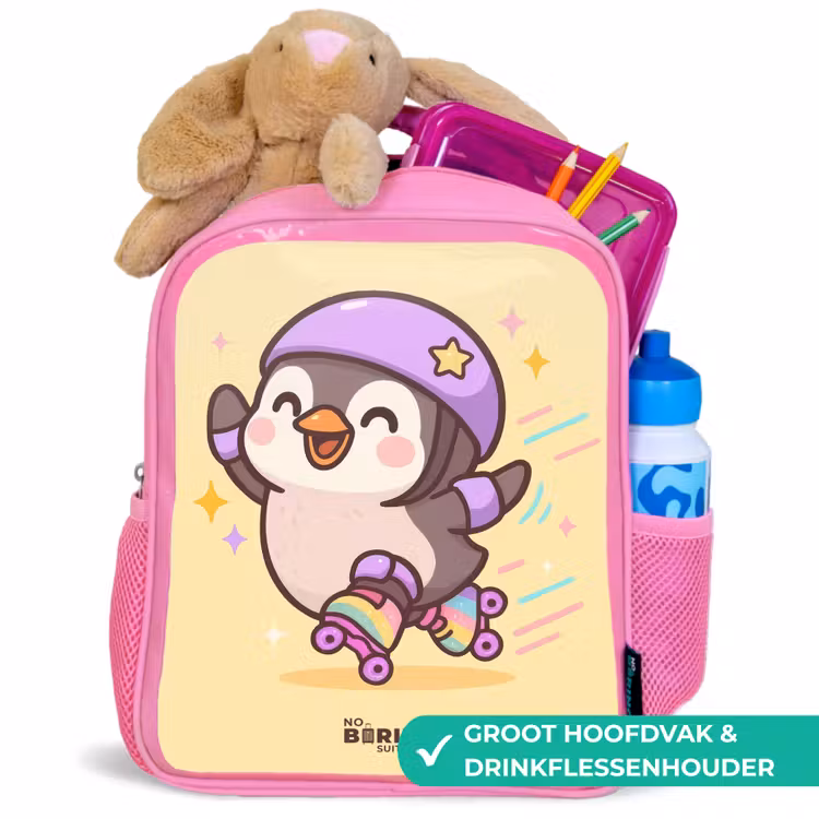 Kawai - Pinguin - Rolschaatsen Kinderrugzak - Roze middel -inhoud_NL