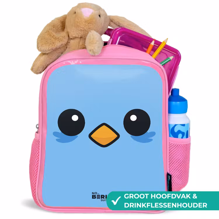 Kawai - Vogel - Blauw Kinderrugzak - Roze middel -inhoud_NL