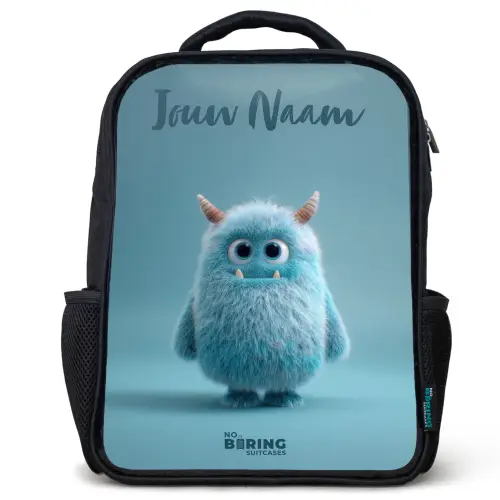 Blauw pluizig monster met hoorns Rugzak - Zwart middel -3d