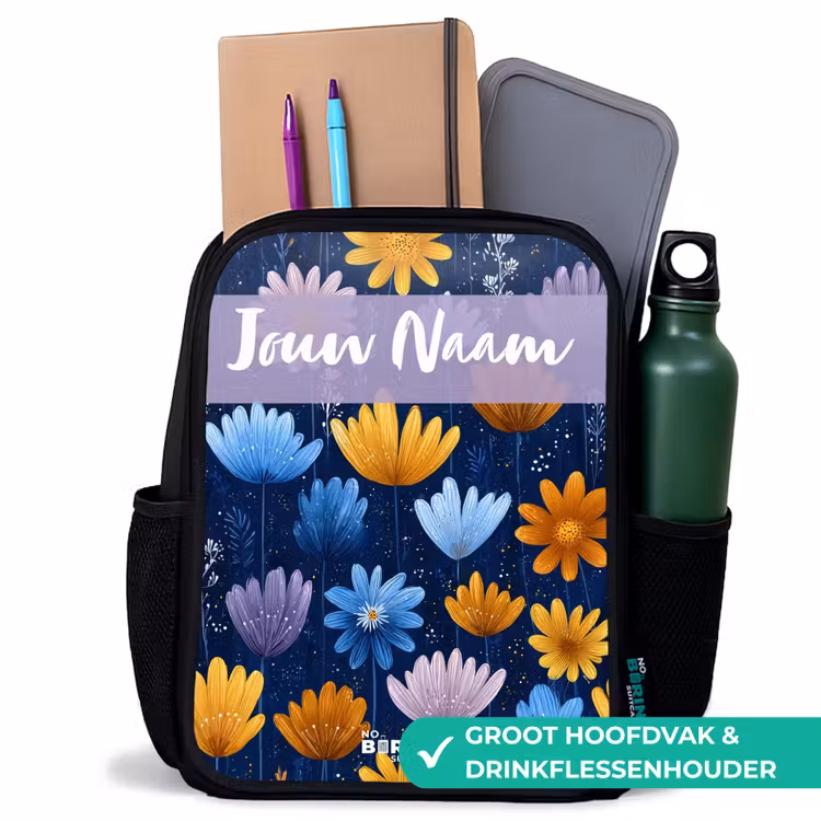 Bloemen - Patroon - Blauw Rugzak - Zwart middel -inhoud_NL