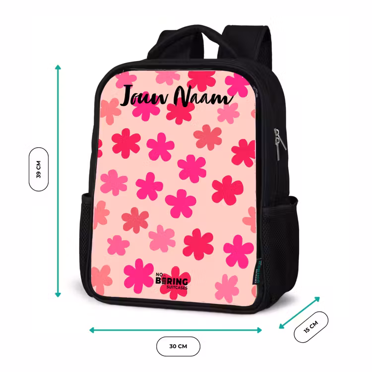 Bloemen - Patroon - Roze Rugzak - Zwart middel -productfoto_formaten