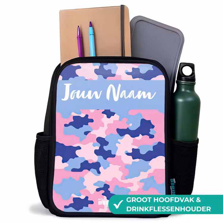 Camouflage - Roze - Blauw Rugzak - Zwart middel -inhoud_NL