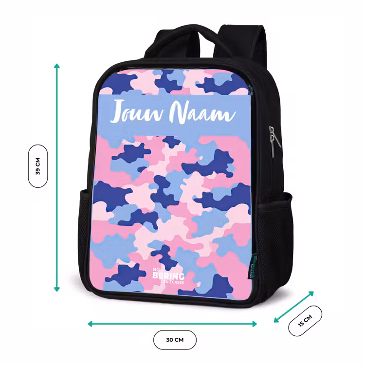 Camouflage - Roze - Blauw Rugzak - Zwart middel -productfoto_formaten