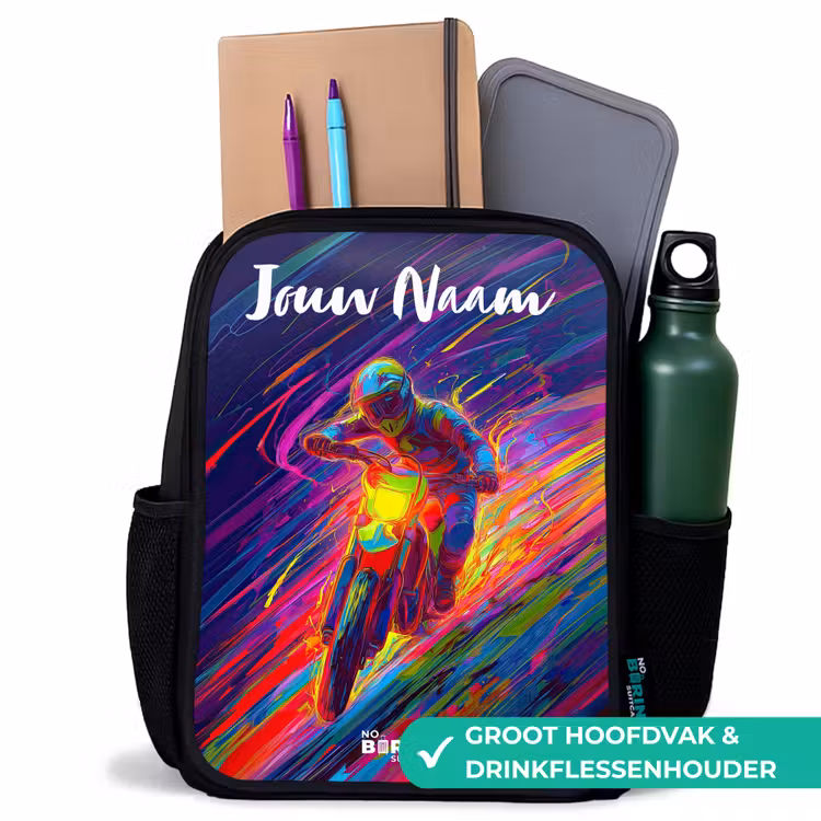Crossmotor - Neonkleuren - Lijnen - Helm Rugzak - Zwart middel -inhoud_NL