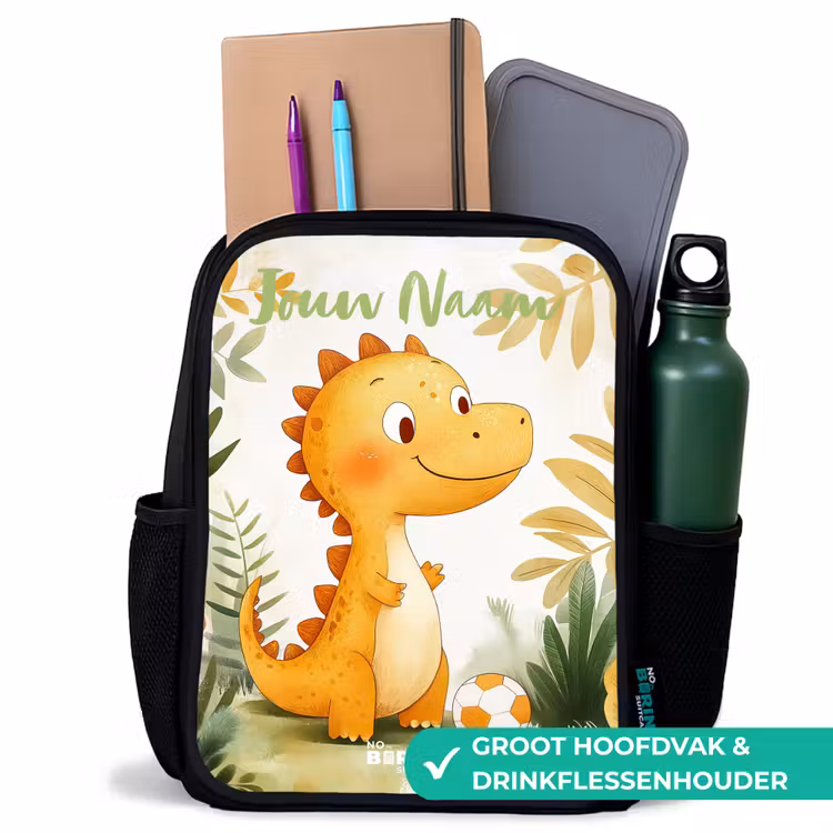 Dino - Voetbal - Oranje Rugzak - Zwart middel -inhoud_NL