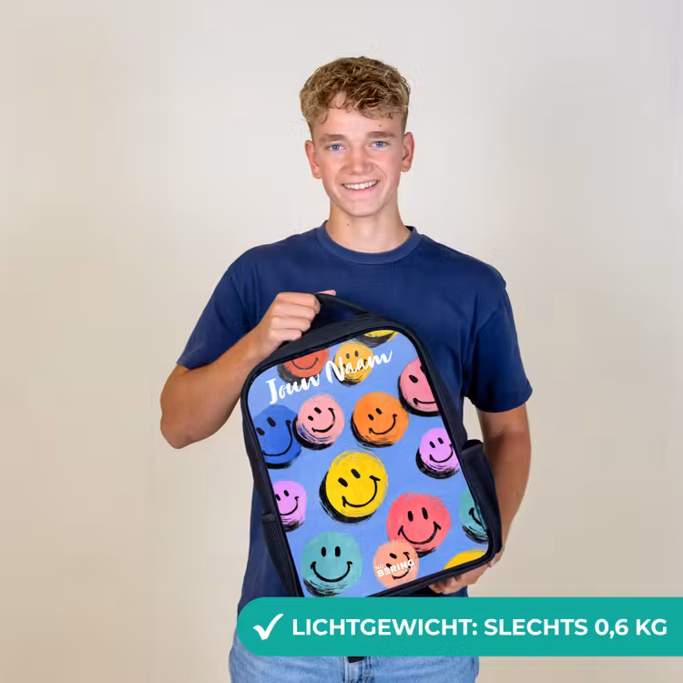 Een speels en kunstzinnig patroon van kleurrijke smileys Rugzak - Zwart middel -sfeer7_NL