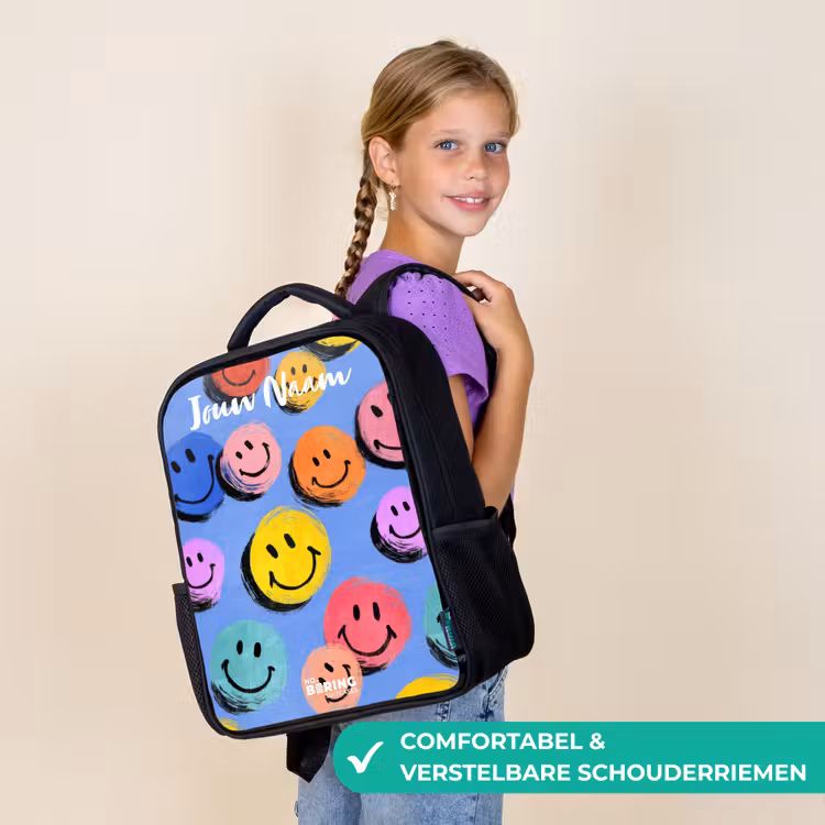 Een speels en kunstzinnig patroon van kleurrijke smileys Rugzak - Zwart middel -sfeer6_NL