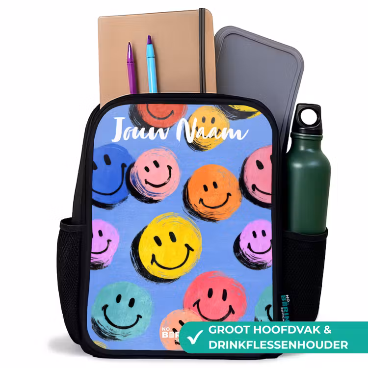 Een speels en kunstzinnig patroon van kleurrijke smileys Rugzak - Zwart middel -inhoud_NL