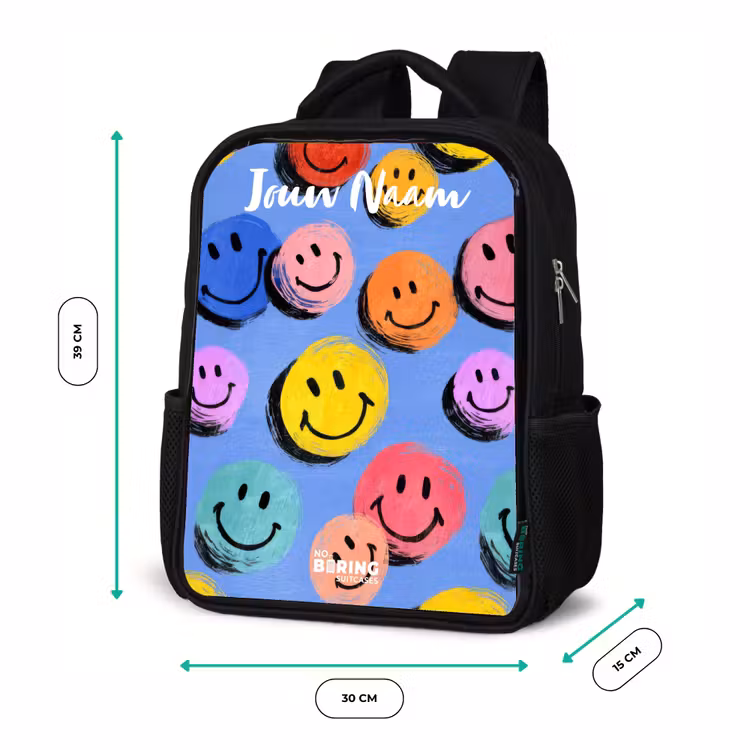 Een speels en kunstzinnig patroon van kleurrijke smileys Rugzak - Zwart middel -productfoto_formaten