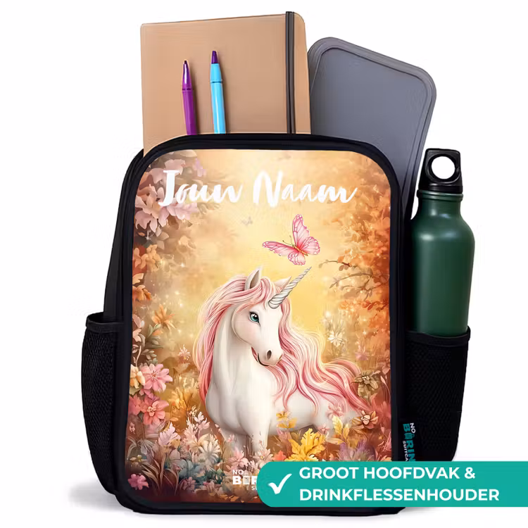 Eenhoorn - Vlinder - Roze - Manen Rugzak - Zwart middel -inhoud_NL