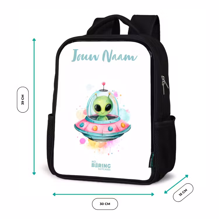 Groene alien in kleurrijke UFO Rugzak - Zwart middel -productfoto_formaten