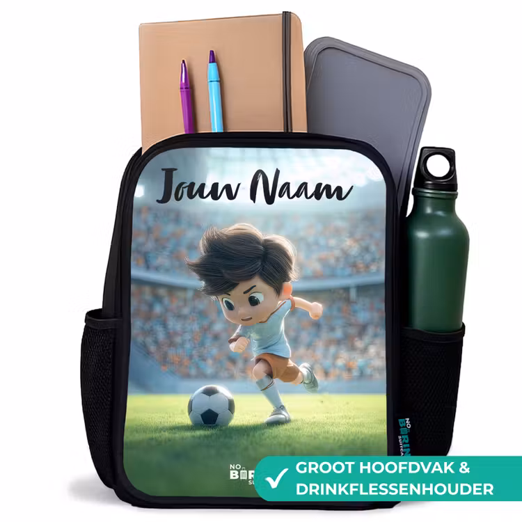 Jongen - Stadion - Voetbal - Zonlicht Rugzak - Zwart middel -inhoud_NL