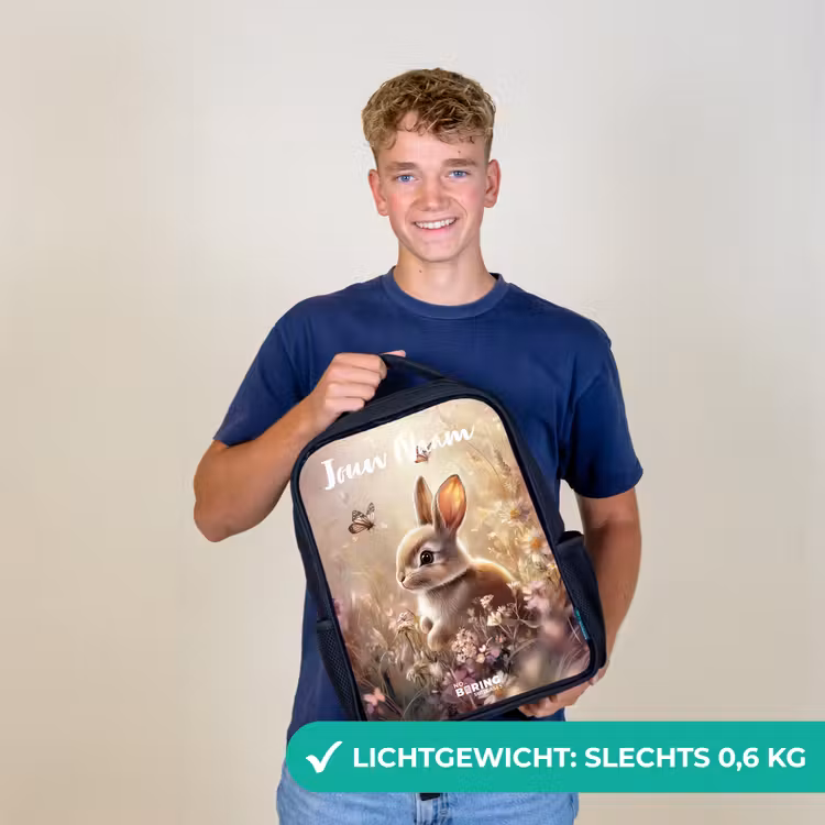 Konijntje - Bruin - Bloemen - Vlinders Rugzak - Zwart middel -sfeer7_NL