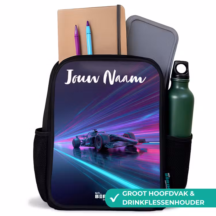 Lichtstralen - Neon - Racewagen - Paars Rugzak - Zwart middel -inhoud_NL