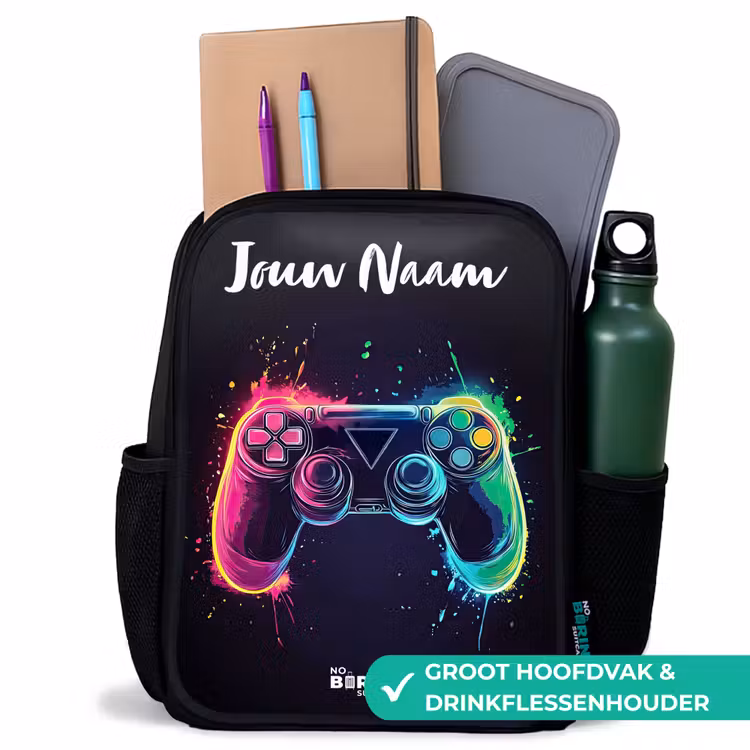 Neon - Controller - Verfspatten - Game Rugzak - Zwart middel -inhoud_NL