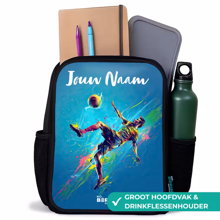 Neon - Voetbal - Schop - Kleurrijk Rugzak - Zwart middel -inhoud_NL