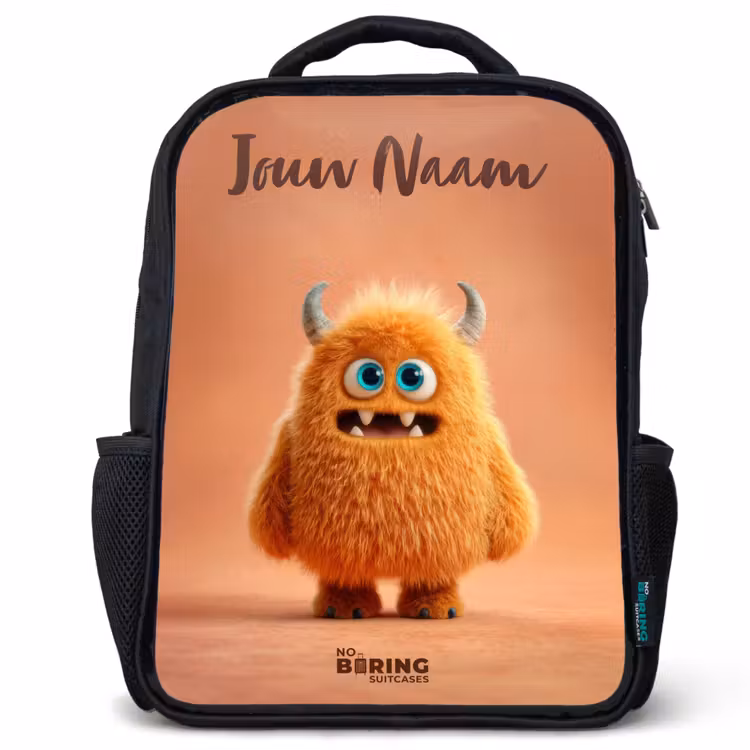 Oranje Pluizig Monster met Hoorns Rugzak - Zwart middel -3d