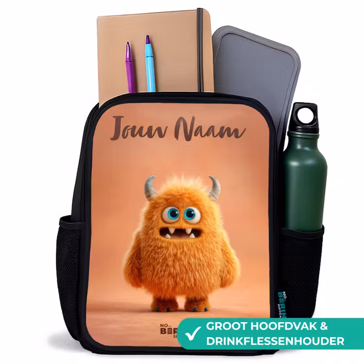 Oranje Pluizig Monster met Hoorns Rugzak - Zwart middel -inhoud_NL