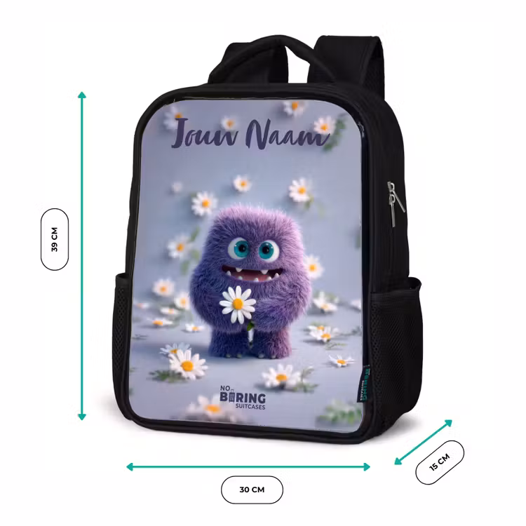 Paars Pluizig Vriendje met Madelief Rugzak - Zwart middel -productfoto_formaten