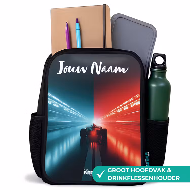 Raceauto - Verlichting - Neon - Rood Rugzak - Zwart middel -inhoud_NL
