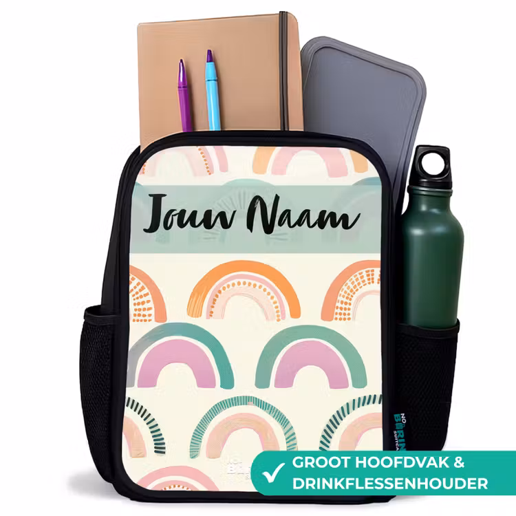 Regenboog - Pastel - Patroon Rugzak - Zwart middel -inhoud_NL