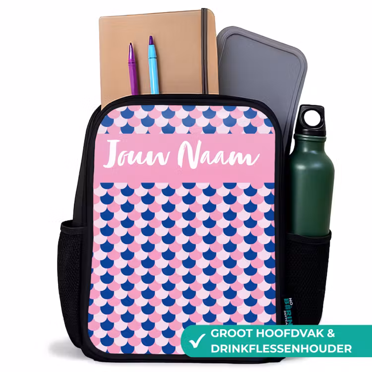 Schubben - Patroon - Blauw - Roze Rugzak - Zwart middel -inhoud_NL
