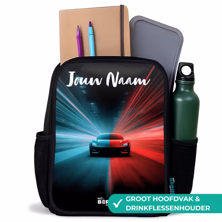 Sportauto - Blauw - Neon - Stad Rugzak - Zwart middel -inhoud_NL