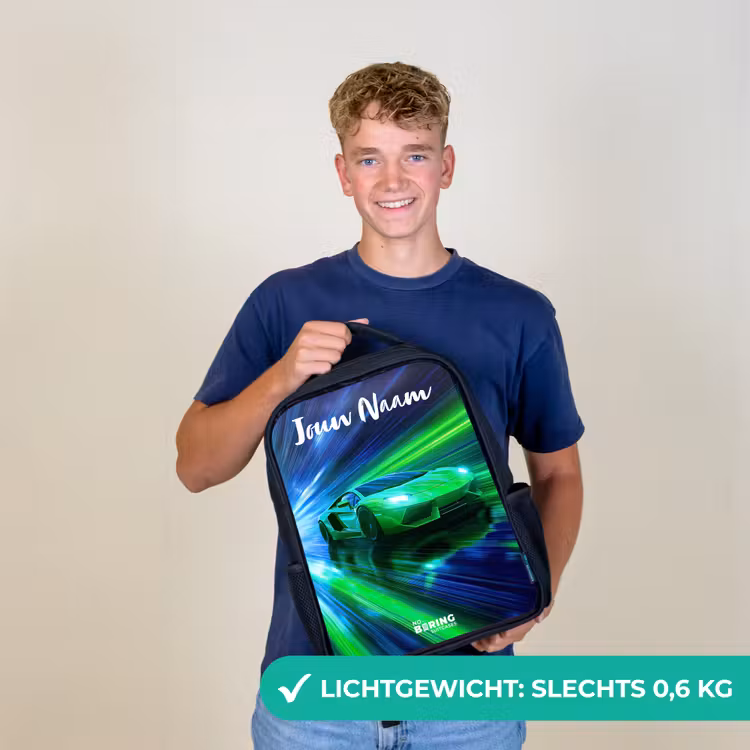 Sportauto - Groen - Snelheidslijnen - Neon Rugzak - Zwart middel -sfeer7_NL