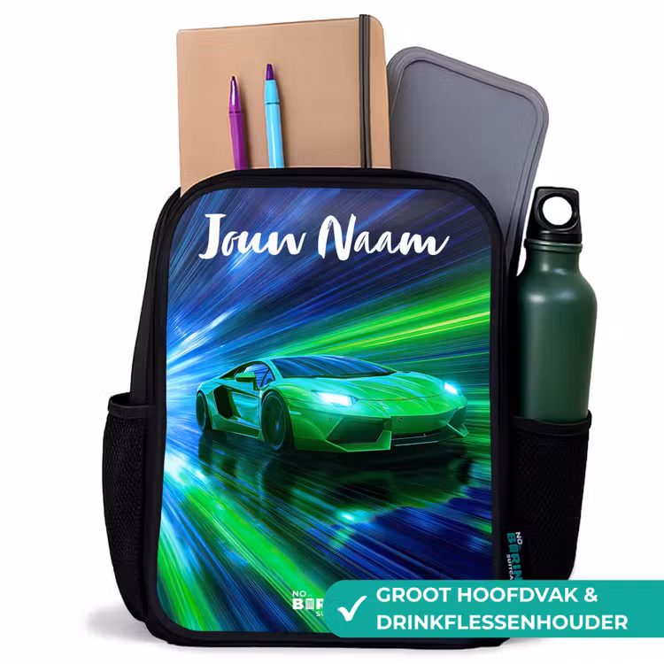 Sportauto - Groen - Snelheidslijnen - Neon Rugzak - Zwart middel -inhoud_NL