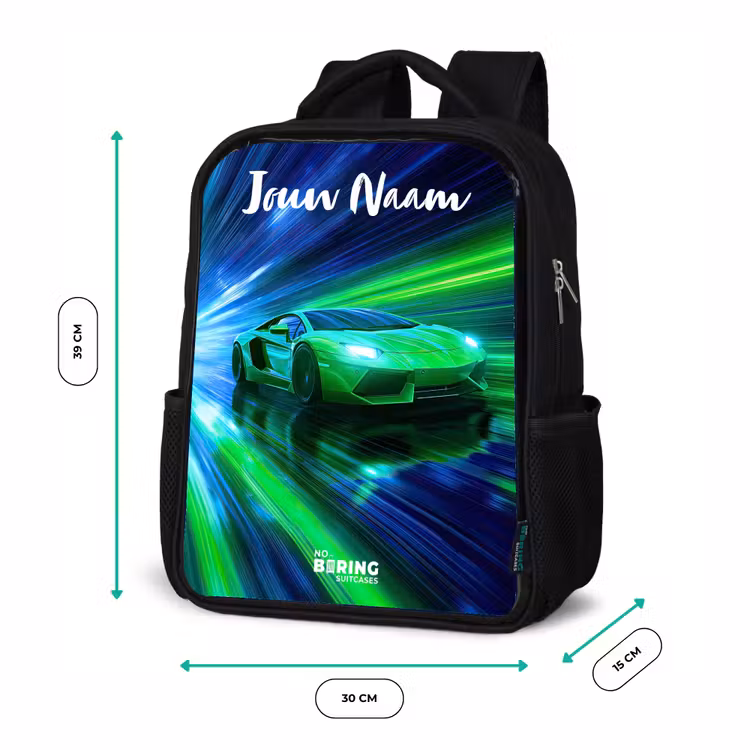 Sportauto - Groen - Snelheidslijnen - Neon Rugzak - Zwart middel -productfoto_formaten