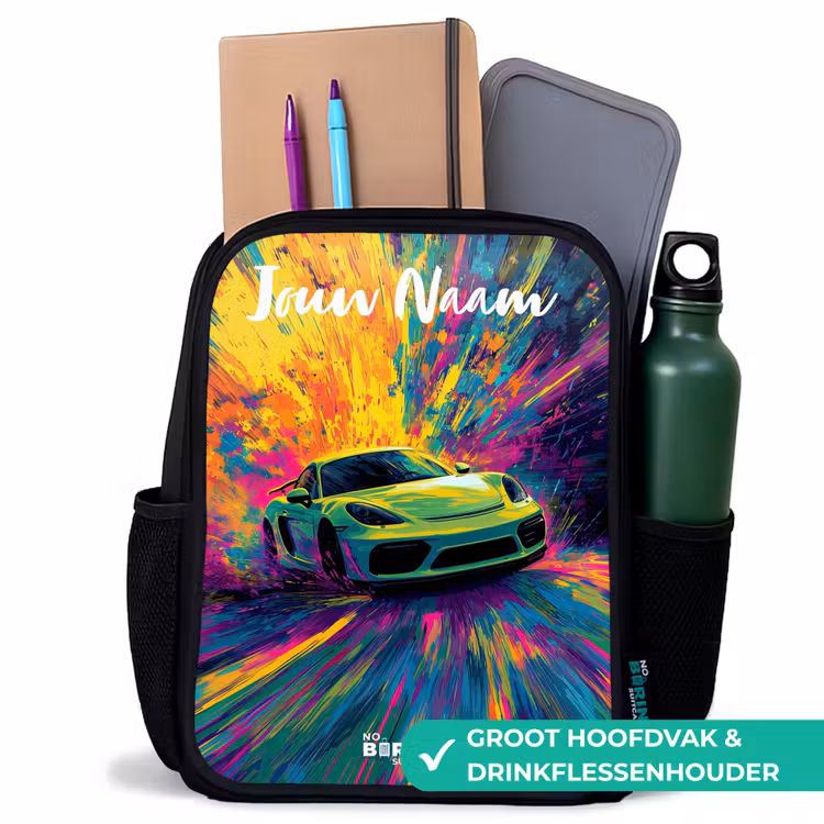 Sportauto - Groen - Verfstrepen - Kleuren Rugzak - Zwart middel -inhoud_NL