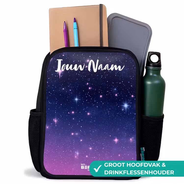 Sterren - Galaxy - Blauw - Roze Rugzak - Zwart middel -inhoud_NL