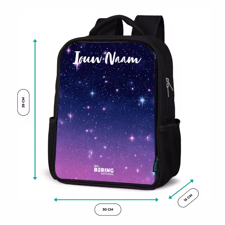 Sterren - Galaxy - Blauw - Roze Rugzak - Zwart middel -productfoto_formaten