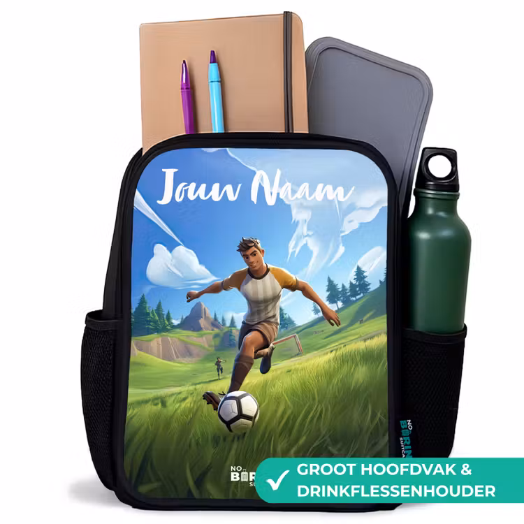 Voetballer - Gras - Goal - Kleurrijk Rugzak - Zwart middel -inhoud_NL