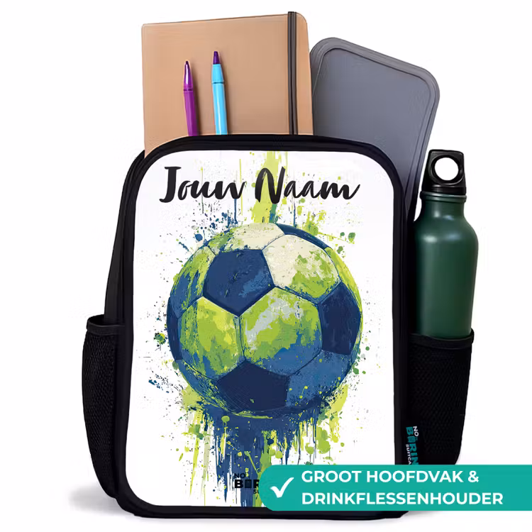 Voetbalvibes - Verf - Groen - Blauw Rugzak - Zwart middel -inhoud_NL