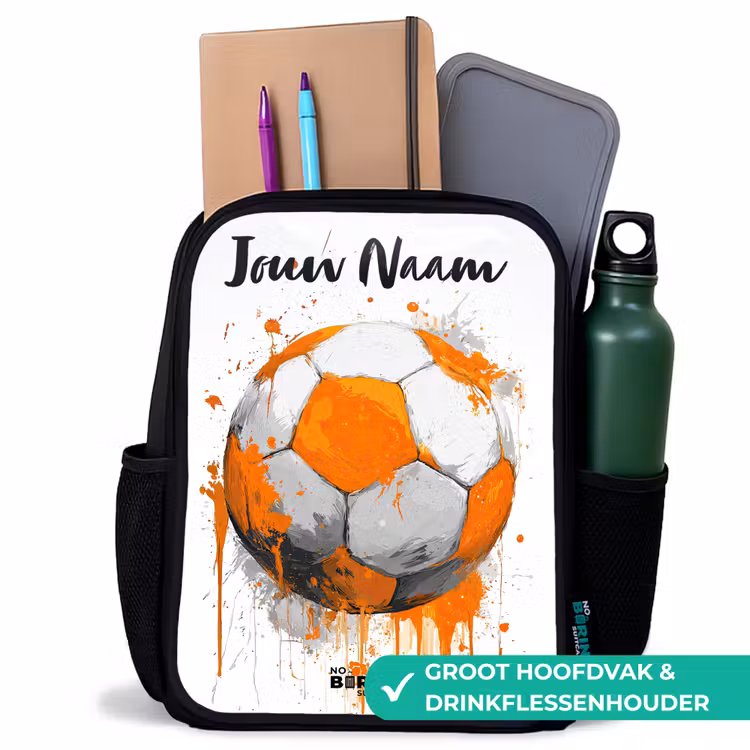 Voetbalvibes - Verf - Oranje Rugzak - Zwart middel -inhoud_NL