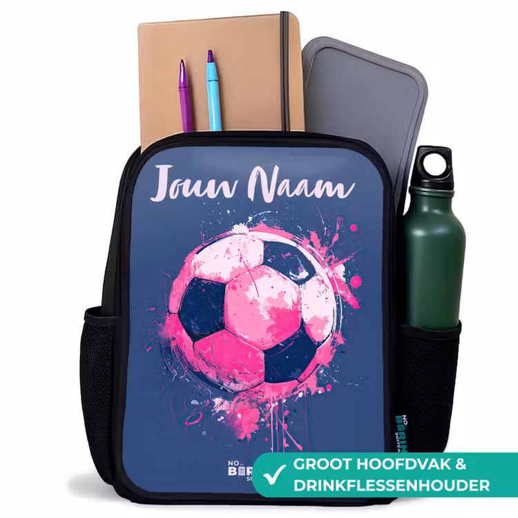 Voetbalvibes - Verf - Roze - Blauw Rugzak - Zwart middel -inhoud_NL