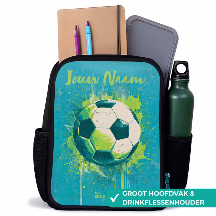 Voetbalvibes - Verfspatten - Groen - Blauw Rugzak - Zwart middel -inhoud_NL