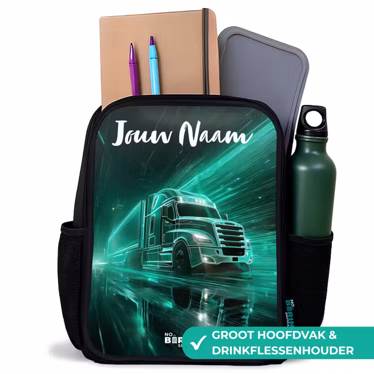 Vrachtwagen - Stad - Groen - Neon Rugzak - Zwart middel -inhoud_NL