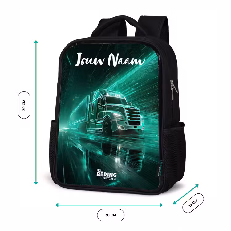 Vrachtwagen - Stad - Groen - Neon Rugzak - Zwart middel -productfoto_formaten