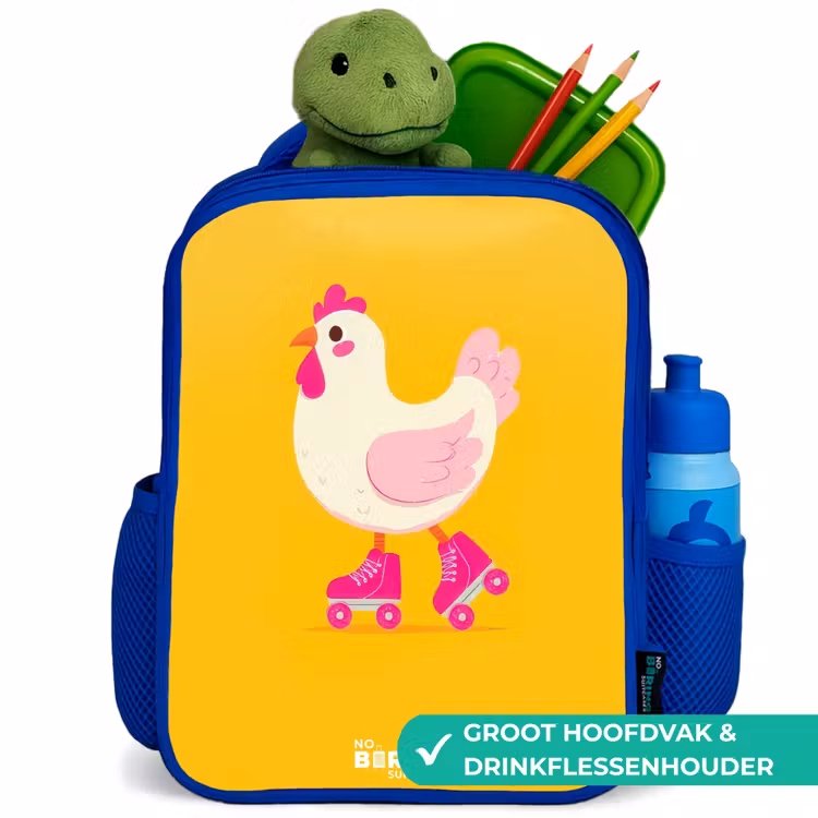 Kip - Rolschaatsen - Geel Kinderrugzak - Blauw middel -inhoud_NL