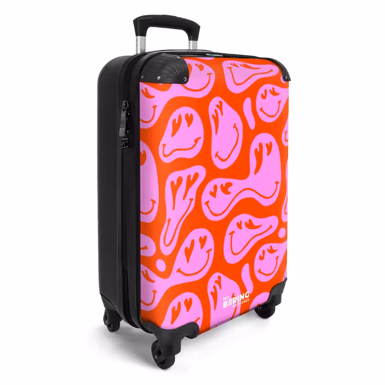 Abstracte smileyfiguren met hartogen op rood en roze NBS - Handbagage koffer - Kinderen Unisex middel -productfoto_3d