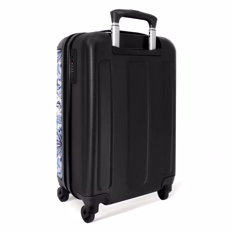 Bloemen - Blauw - Patroon - Wit NBS - Handbagage koffer - Volwassenen Unisex middel -achterkant
