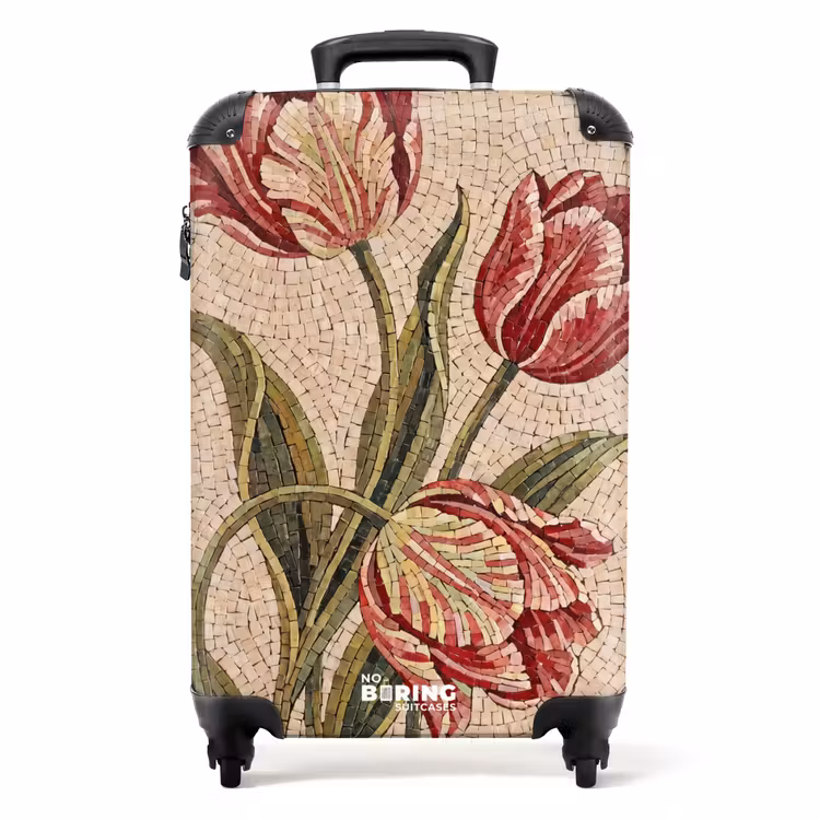Koffer - Bloemen - Mozaïek - Rood - Groen - Kunst - Bloemen - Mozaïek - Rood - Groen - Kunst NBS - Handbagage koffer - Volwassenen Unisex middel