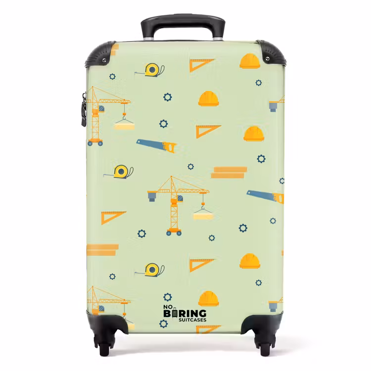 Bouwkranen en timmergereedschap op mintgroene achtergrond NBS - Handbagage koffer - Kinderen Unisex middel -productfoto_recht