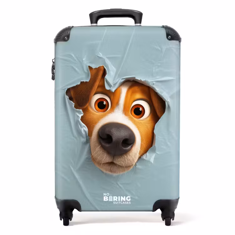 Bruine hond door gescheurd blauw plastic NBS - Handbagage koffer - Kinderen Unisex middel -productfoto_recht