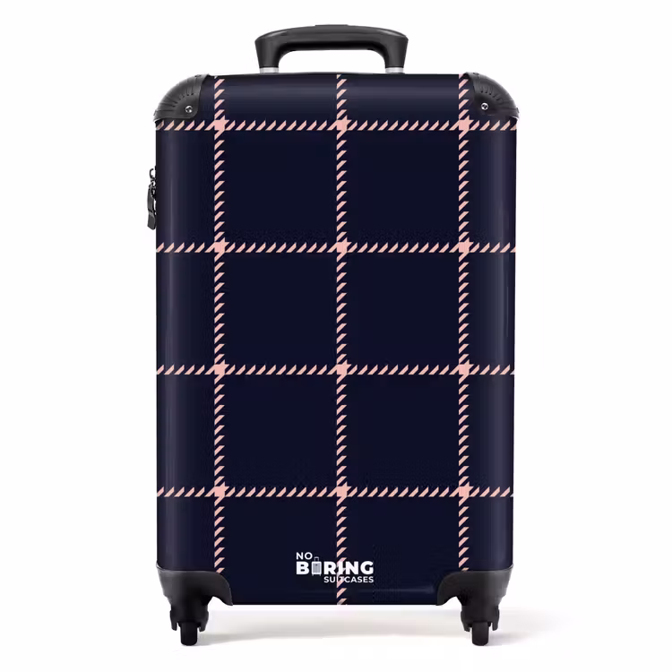 Donkerblauw ruitpatroon met roze visgraatlijnen NBS - Handbagage koffer - Kinderen Unisex middel -productfoto_recht