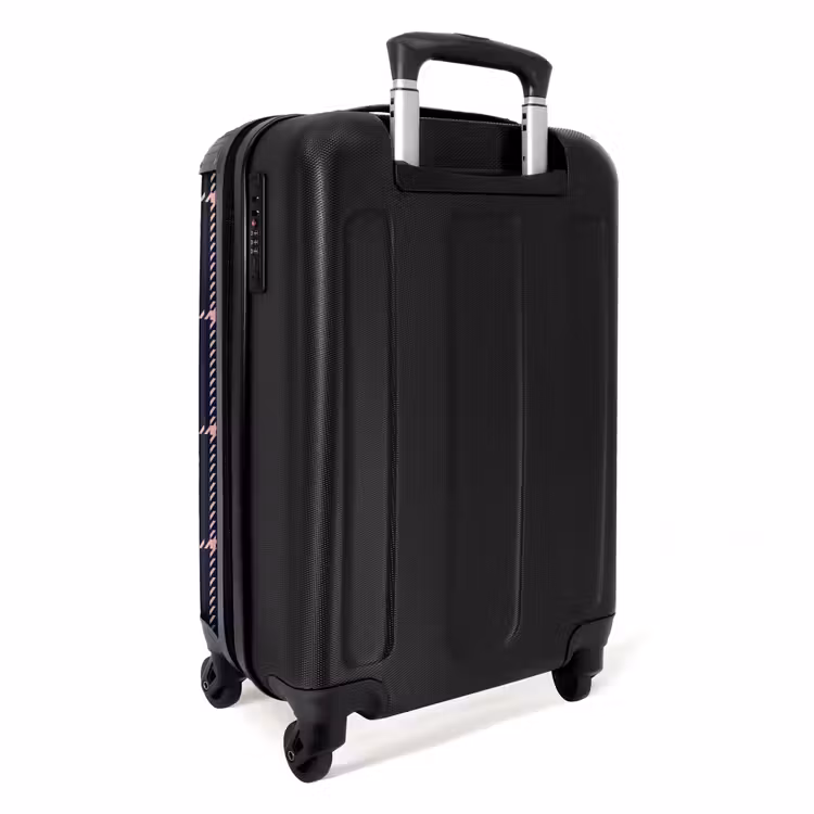 Donkerblauw ruitpatroon met roze visgraatlijnen NBS - Handbagage koffer - Kinderen Unisex middel -achterkant